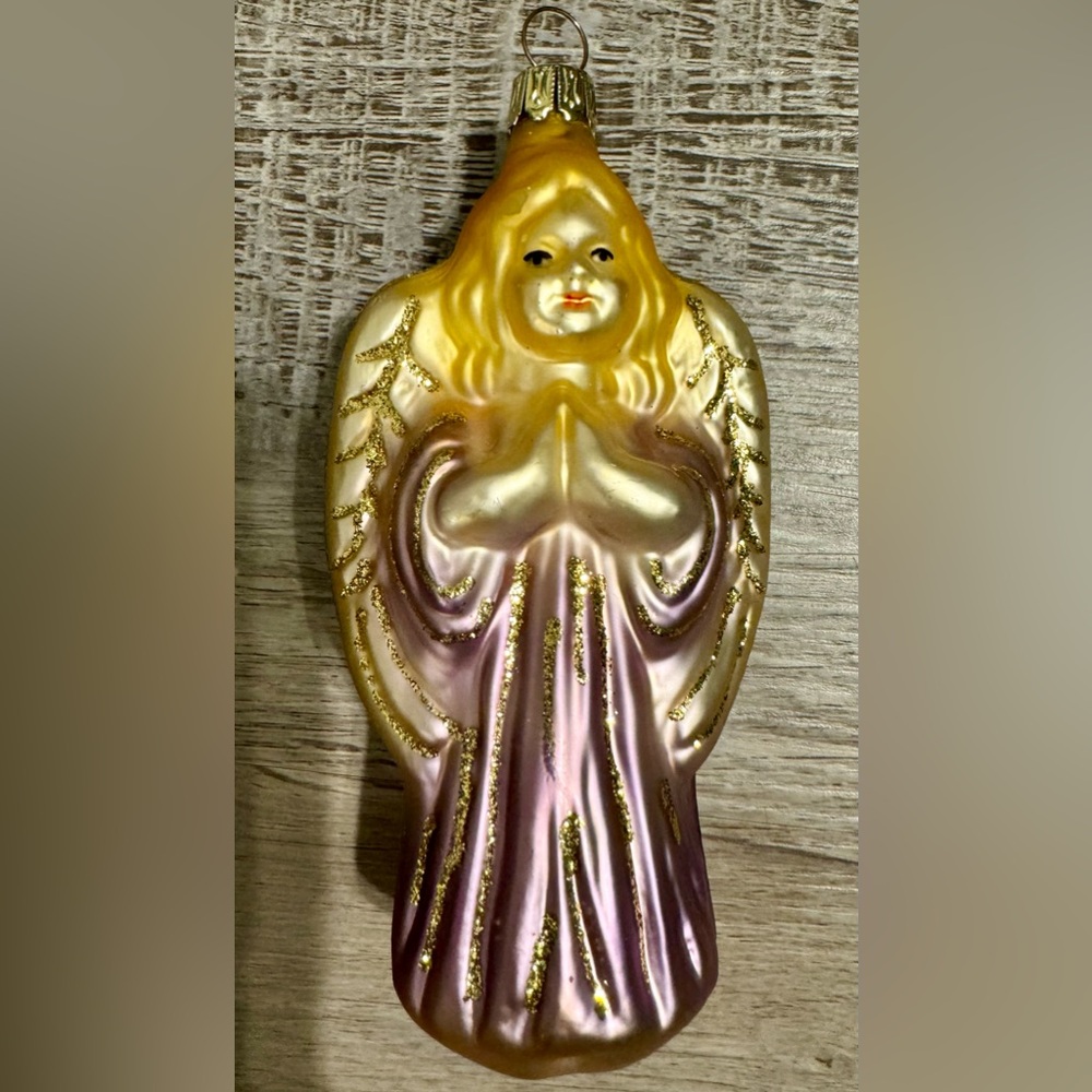 Pink Praying Angel 5" Vintage Glass Christmas Tree Ornament.